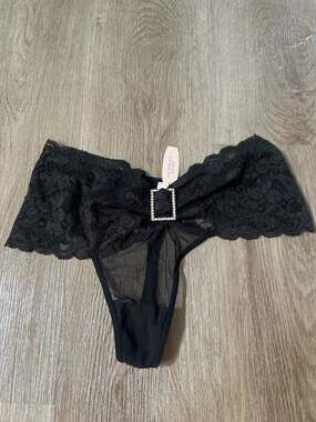 Vintage Victoria's Secret Rare Black Lace Thong with Rhinestone Buckle Detail